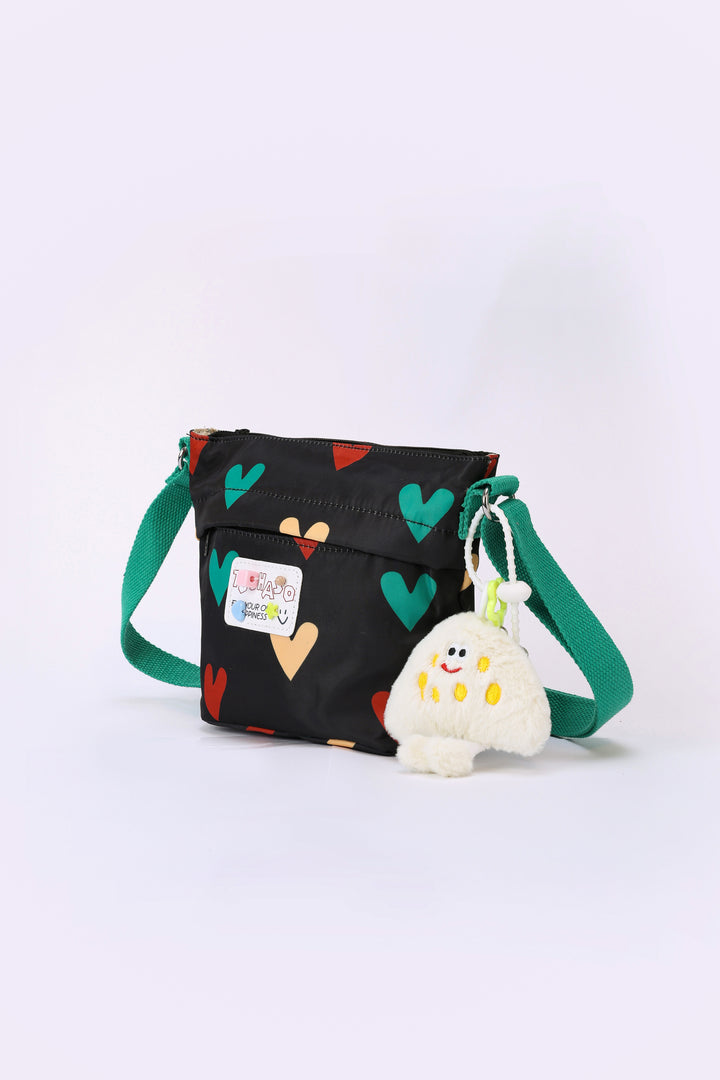 HEART PRINT WAIST BAG WITH PLUSH CHARM