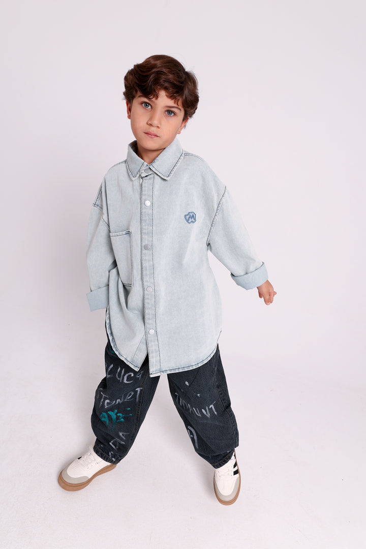 DENIM SHIRT WITH CHEST LOGO AND POCKET