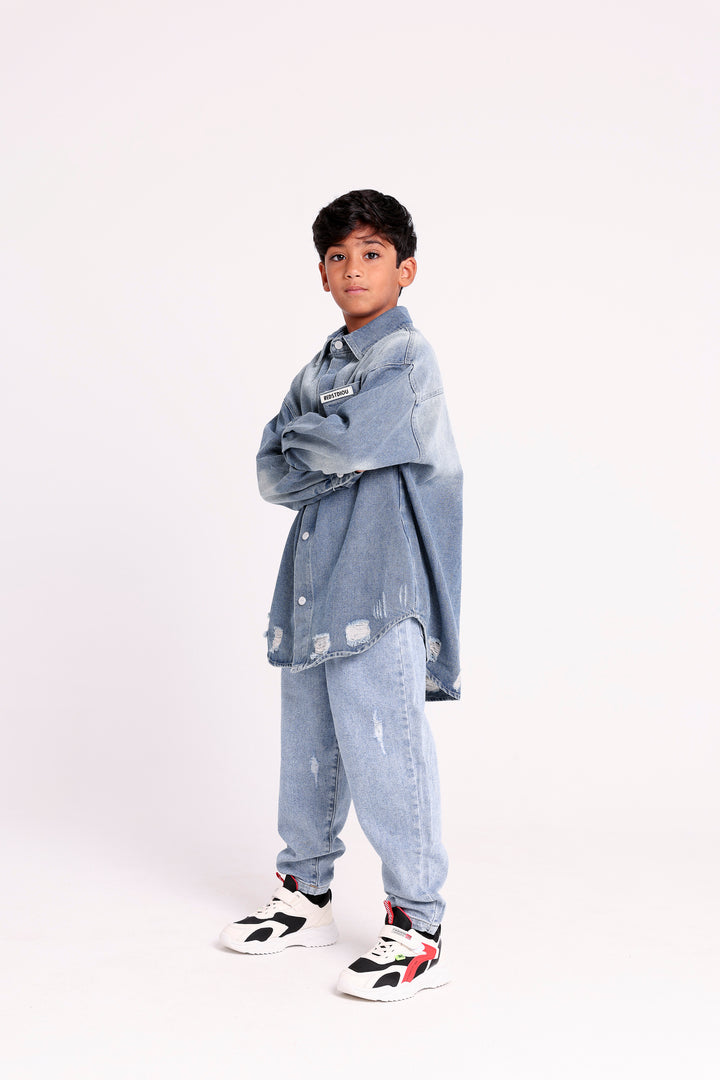 DISTRESSED BUTTON-UP DENIM SHIRT WITH CHEST POCKET