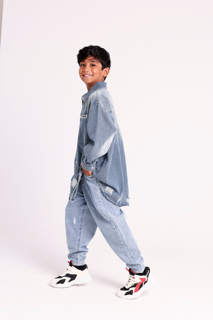 DISTRESSED BUTTON-UP DENIM SHIRT WITH CHEST POCKET