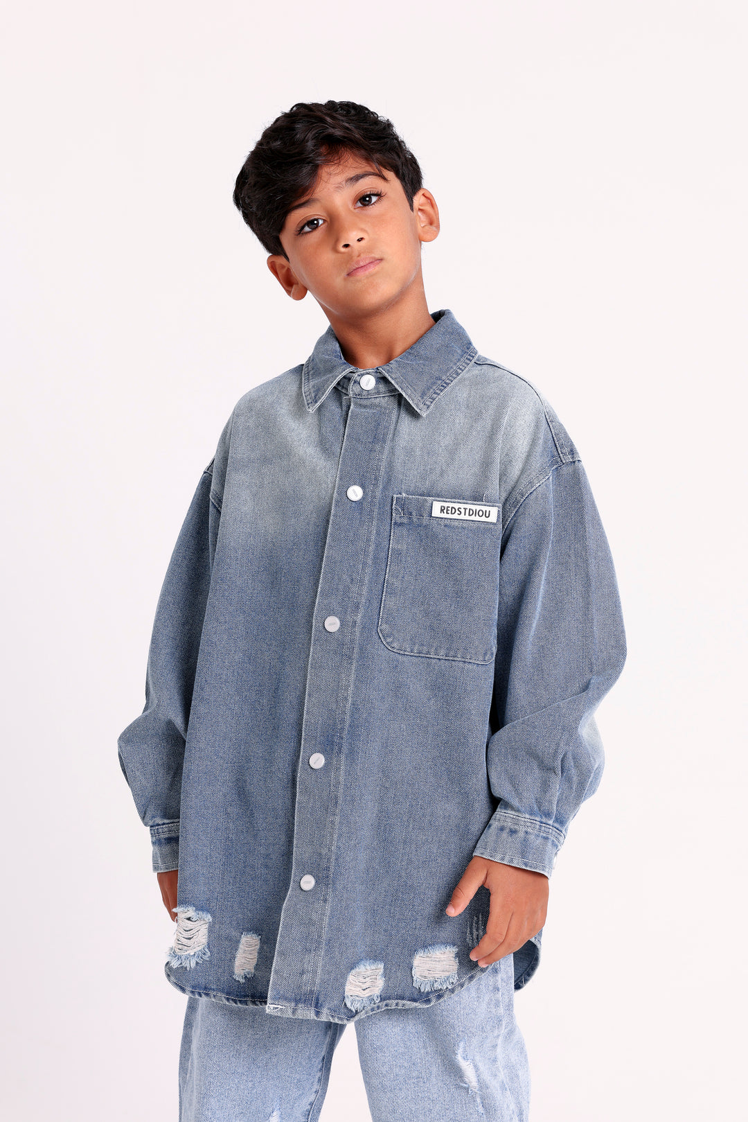 DISTRESSED BUTTON-UP DENIM SHIRT WITH CHEST POCKET