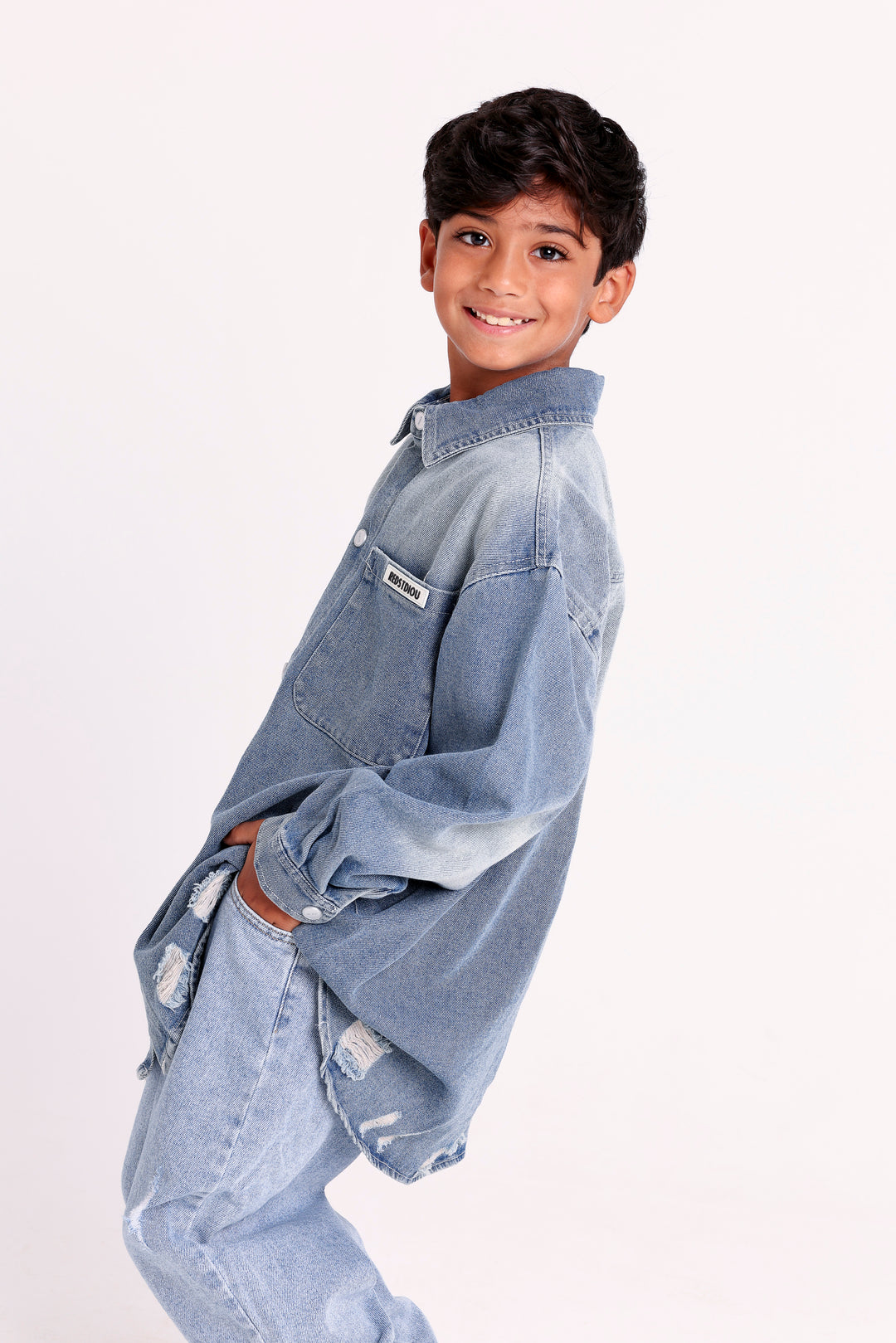 DISTRESSED BUTTON-UP DENIM SHIRT WITH CHEST POCKET