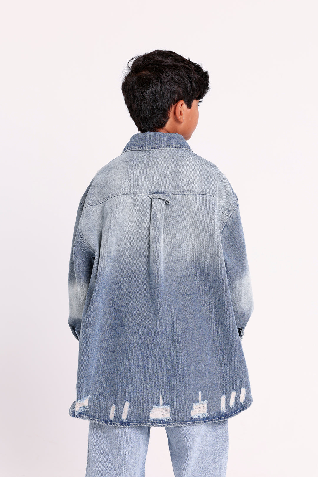 DISTRESSED BUTTON-UP DENIM SHIRT WITH CHEST POCKET