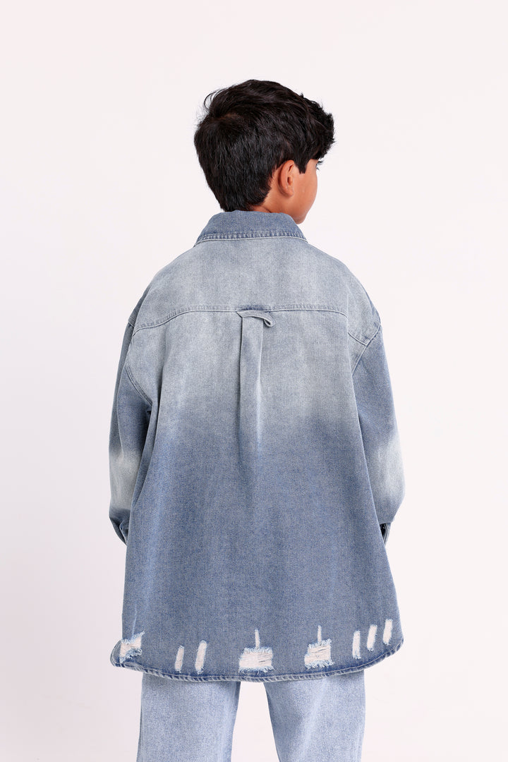 DISTRESSED BUTTON-UP DENIM SHIRT WITH CHEST POCKET