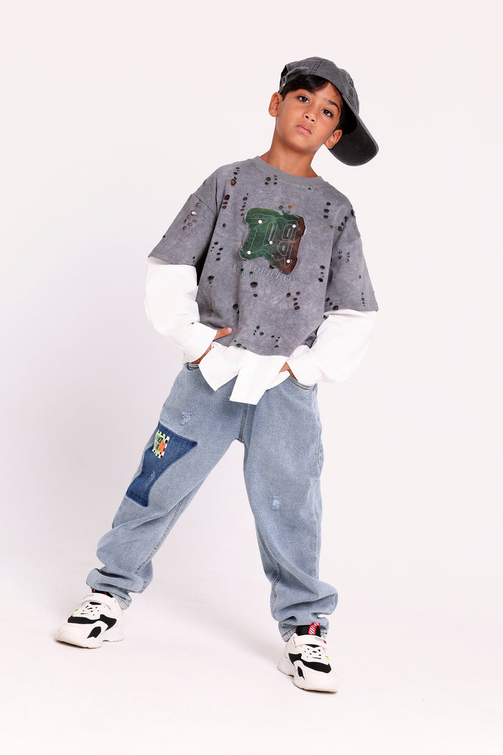 DISTRESSED SWEATSHIRT WITH LAYERED HEM