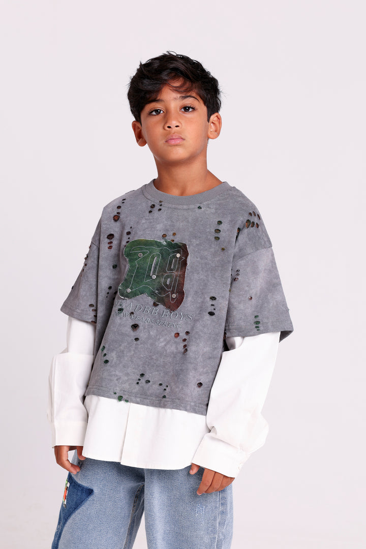 DISTRESSED SWEATSHIRT WITH LAYERED HEM