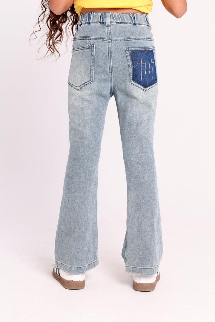 FLARED DENIM PANTS WITH BACK POCKET PATCH