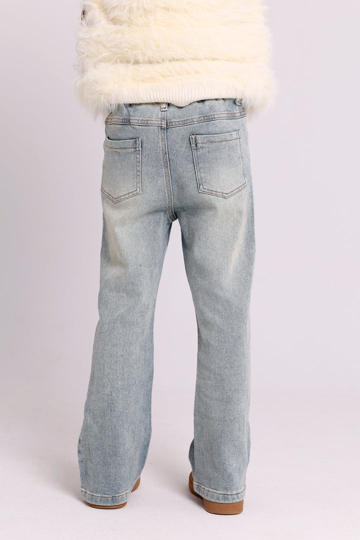 FLARED DENIM PANTS WITH HEM FLOWERS