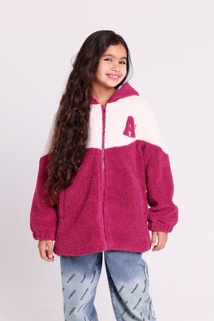 Warm hooded fleece jacket with letter patch