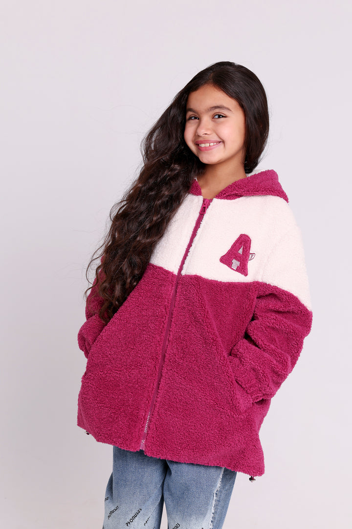 Warm hooded fleece jacket with letter patch