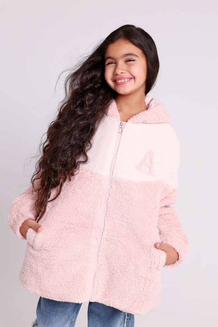 Warm hooded fleece jacket with letter patch