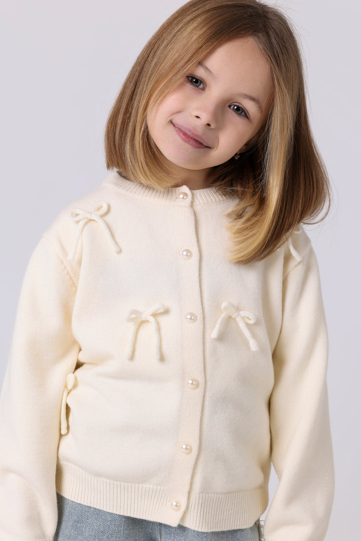 Sweet Bow-Accent Pearl Cardigan