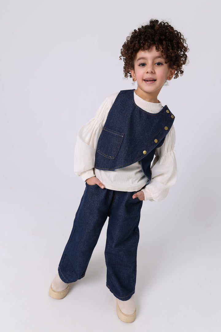 Ruffled Sleeve Blouse & Wide-Leg Denim Set