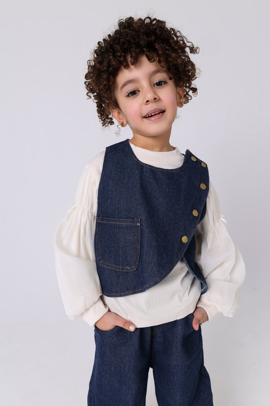 Ruffled Sleeve Blouse & Wide-Leg Denim Set