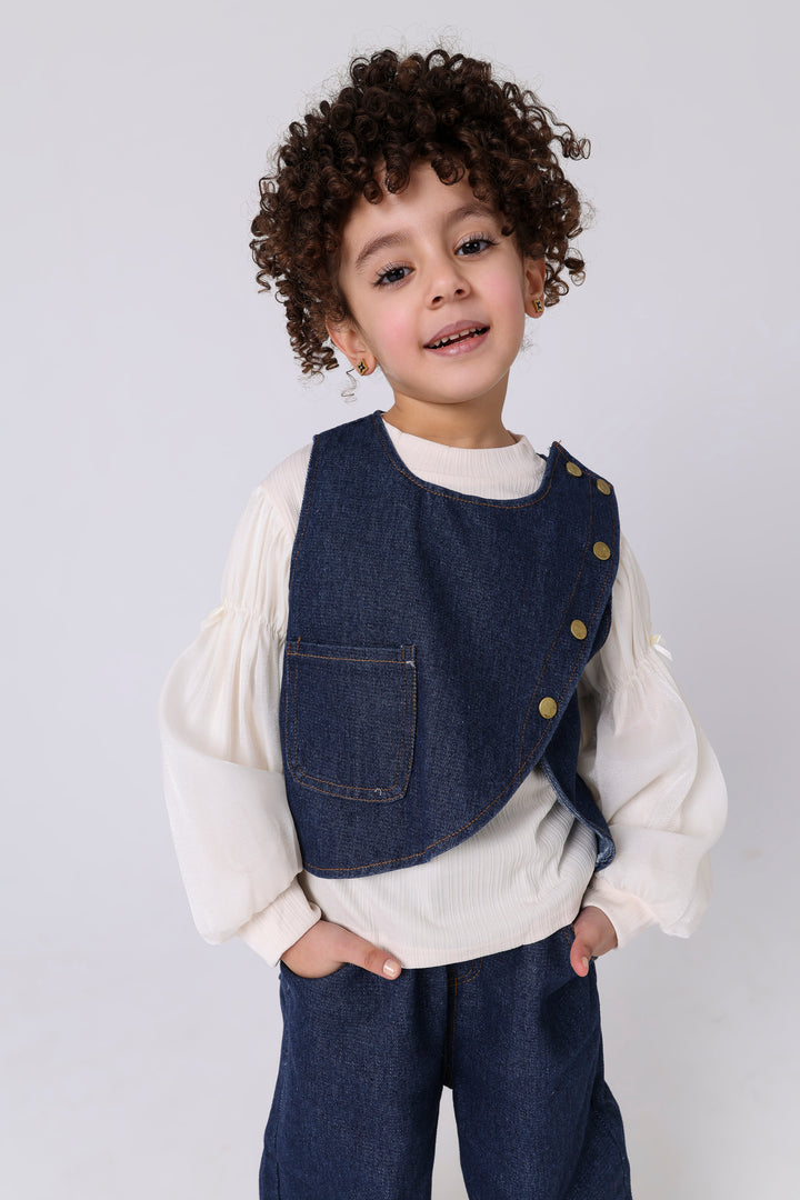 Ruffled Sleeve Blouse & Wide-Leg Denim Set