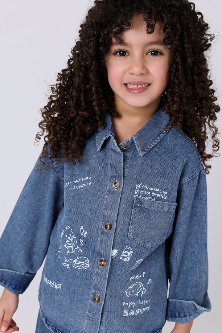 Happy Doodles Button-Up Denim Shirt