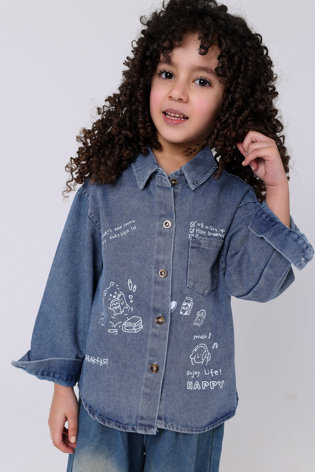 Happy Doodles Button-Up Denim Shirt
