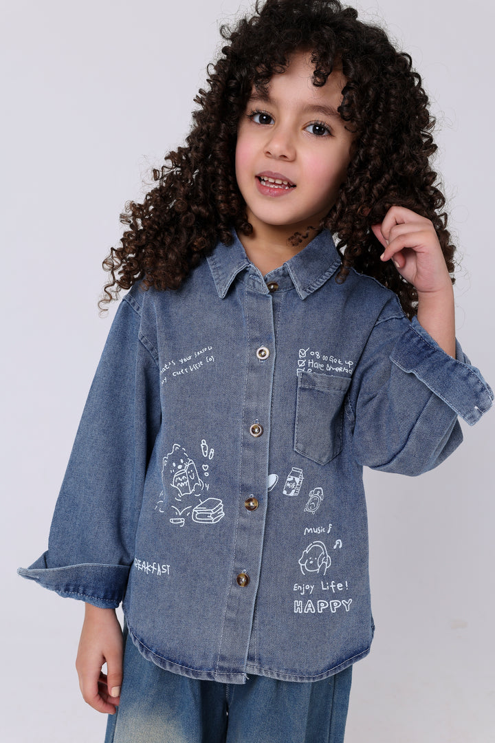 Happy Doodles Button-Up Denim Shirt