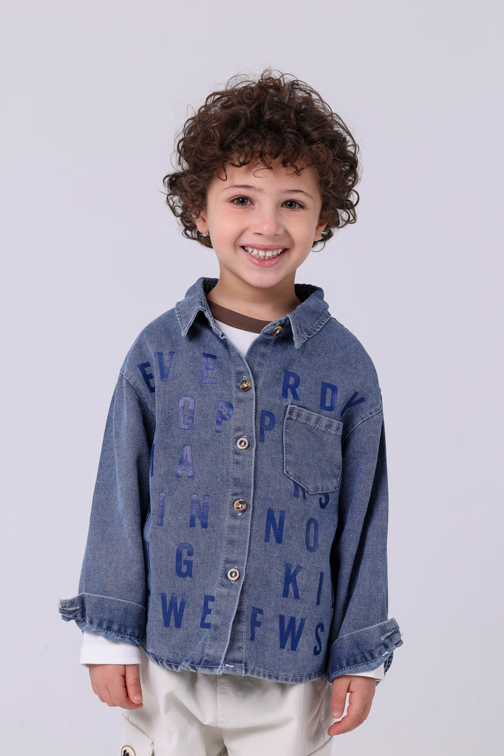 Bold Allover Lettering Denim Shirt