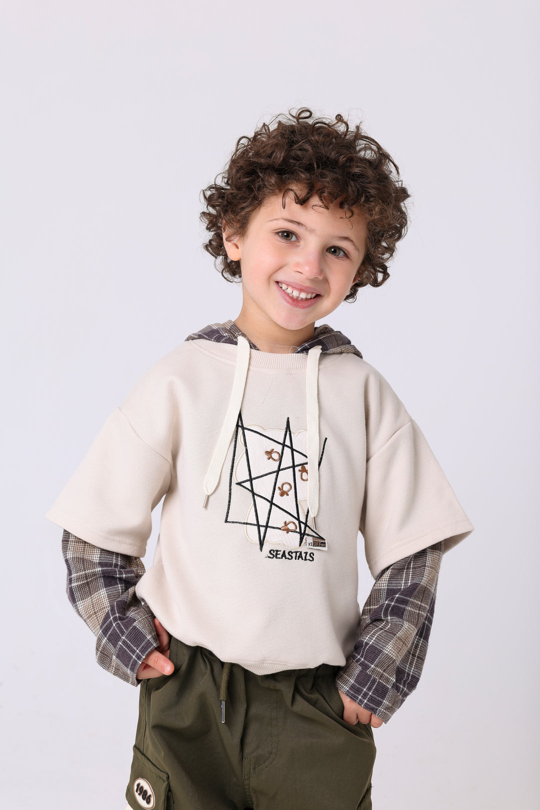 Modern Plaid Accent Hooded Pullover