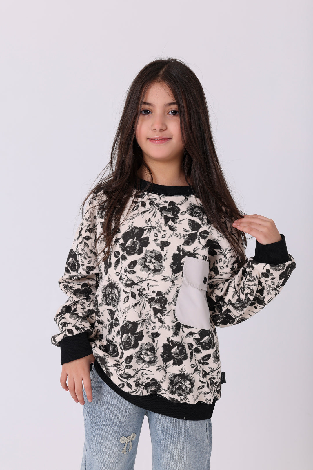 Elegant Floral Pattern Pocket Sweatshirt
