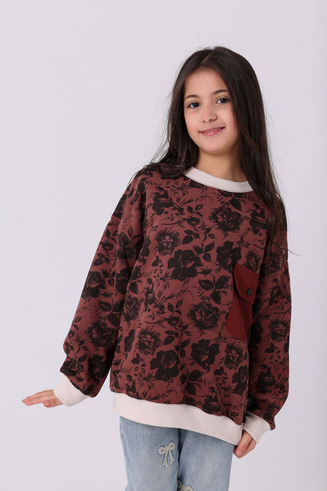 Elegant Floral Pattern Pocket Sweatshirt
