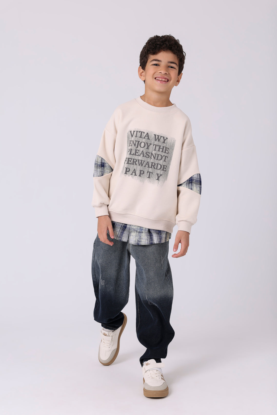 Stylish Layered Plaid Hem Sweatshirt