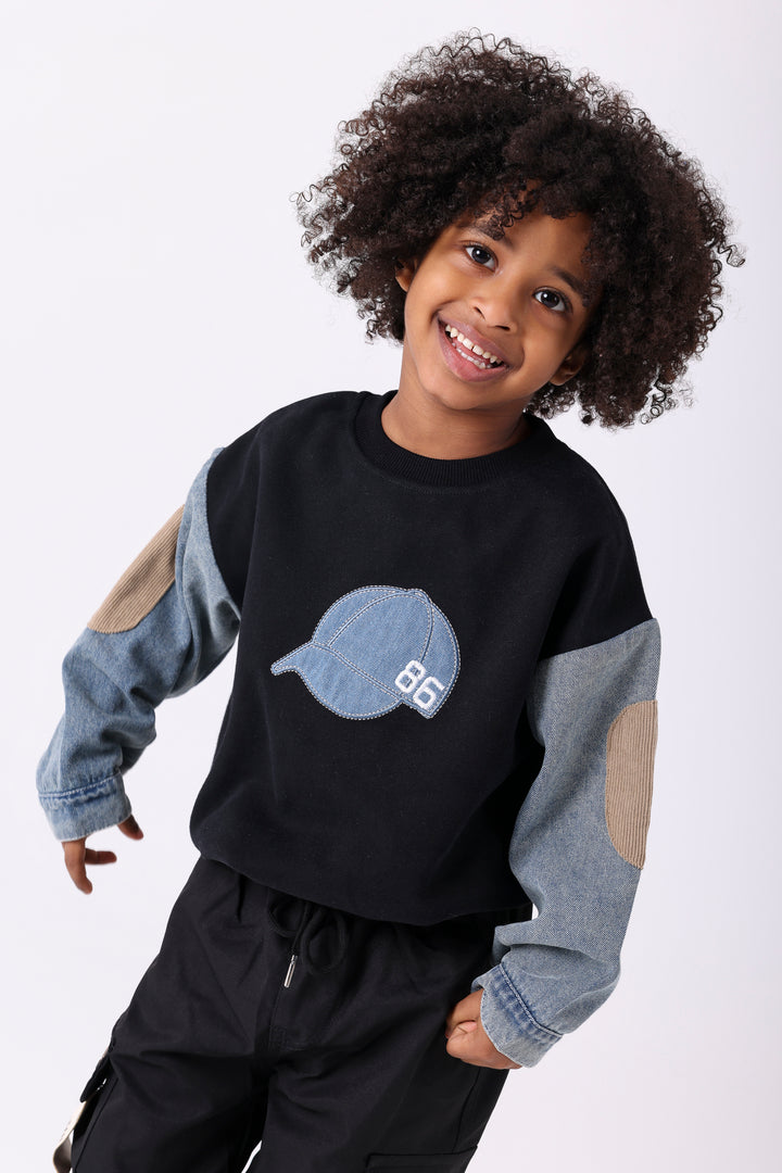 Cool Denim Cap Applique Sweatshirt