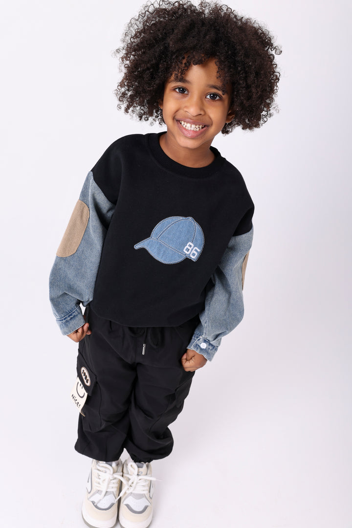 Cool Denim Cap Applique Sweatshirt