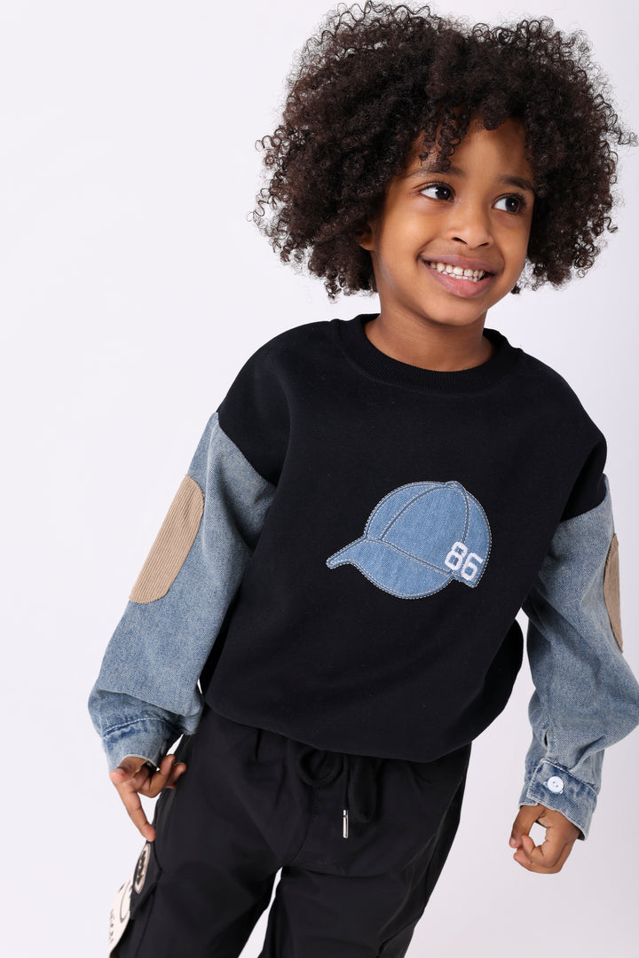 Cool Denim Cap Applique Sweatshirt